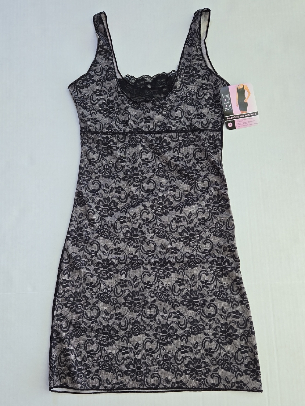 FIT Figure Improving Technology Lace Overlay Slip Dress Black Light Gray, NWT, M - Picture 2 of 8